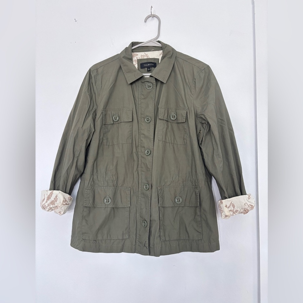 Talbots forest green button up/zip collared jacket sz Large